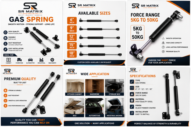 SR Matrix gas spring overview: sizes, force range and applications across cabinet, wardrobe, storage box, bed, automotive and industrial machinery