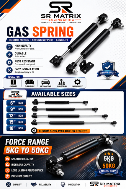 SR Matrix gas spring available sizes 6 to 18 inch and force range 5kg to 50kg